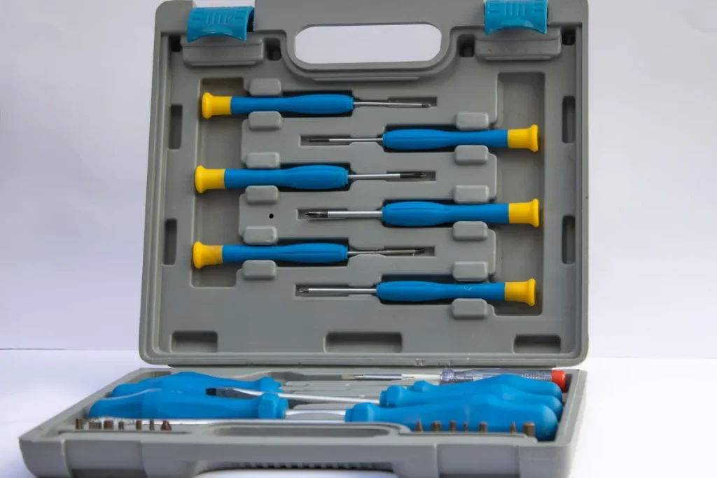 Precision screwdriver set in a gray case