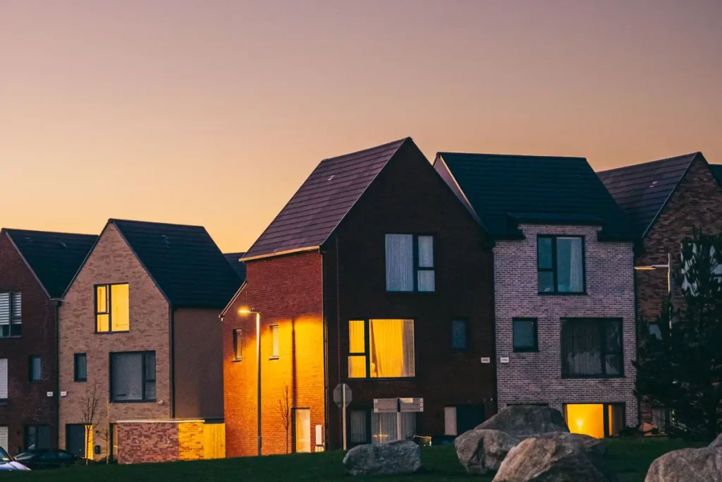 Modern suburban homes at twilight
